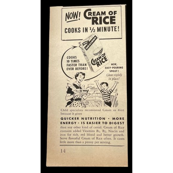 Cream of Rice Cereal Print Ad Vintage 1955 Cooks Faster Breakfast Kitchen Decor - Picture 1 of 6